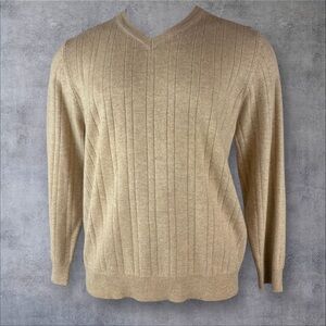 Cezani Fine 2 Ply Cashmere Sweater Mens Large V-Neck Long Sleeve Tan (458)